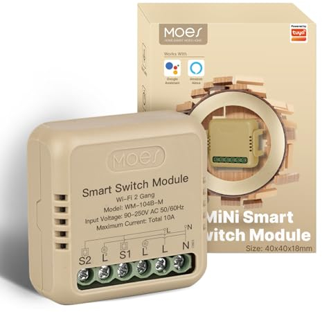 MOES WiFi Light Switch Module Flush-mounted, MINI Alexa Switch Module, Smart Life Tuya app, Compatible with Alexa and Google Home, Neutral Wire Required -10A 2 Gang