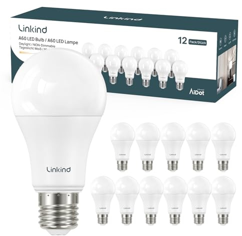 Linkind LED E27 Birne 1560LM Extra-hell, 100W Lampe entspricht, 5000K Tageslicht A60 Edison Glühbirne 13,5W mit 220° Abstrahlwinkel E27 Energiesparlampe, nicht Dimmbar, 12 Stück