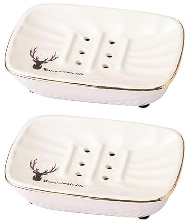 PBENO Soap Holder 2-Piece Set of Simple Ceramic Soap Box Double-Layer Drain Storage Box Home Bathroom Washstand Soap Box for Bathroom & Kitchen (Color : White, Size : 15cm*10cm*3.5cm)