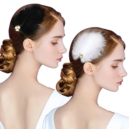 MWOOT 4 Stück Feder Haarschmuck, Fascinators Haarspangen Schwarz Weiß, 1920er Damen Kopfschmuck für Hochzeit Abschlussball Teeparty, FederKopfschmuck Haarclips zum Tanzen Aufführung Frisuren Zubehör