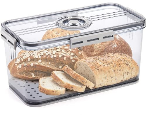 ZEAYEA Bread Box for Kitchen Countertop, Airtight Bread Storage Container, Time Recording Plastic Bread Keeper for Bread Bagel Loaf, Fresh Container for Vegetable Fruit Fridge Organizer