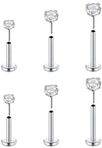 FECTAS 6pcs Threadless Push-In 16G 6mm 8mm 10mm Labret Bar Bar Stud Cartílago Tragus Helix Piercing Joyería Flat Back Stud Earrings Acero Inoxidable Labio Oreja Medusa Piercing Joyería CZ