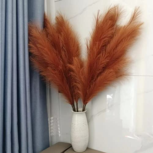 Herbe de la pampa artificielle orange brûlée - 8 pièces - 110 cm - Grandes fleurs de pampa artificielles moelleuses - Fleurs de plumes artificielles pour décoration de mariage bohème dans le salon