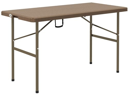 Outsunny Campingtisch Klapptisch mit Rattanoptik, Buffettisch für 4 Personen, Gartentisch für Balkon, Terrasse, bis 50 kg belastbar, HDPE, Braun, 122 x 60 x 73 cm