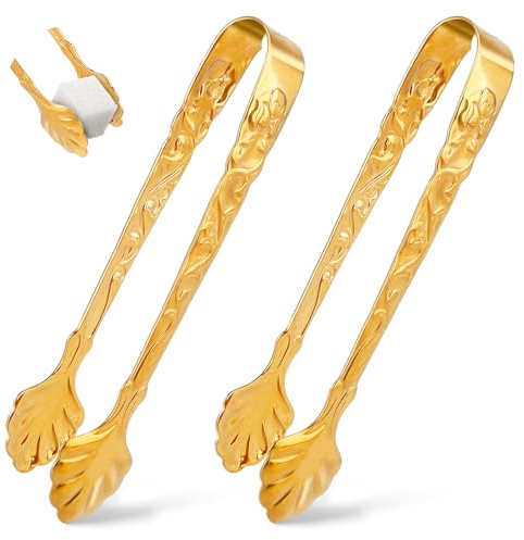 Jeffdad 2 Stück Zuckerzange Klein, Edelstahl Eiswürfelzange Mini Servierzange Süßigkeiten Zange Mini Zange Eiszange für Zuckerwürfel Eiswürfel Dessert Büfett Picknick Hochzeit Bar Party(Gold)