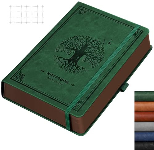 RETTACY Graph Paper Notebook, Thick A5 Grid Notebook, Leather Hardcover 320 Pages,100gsm Squared Paper, Inner Pocket, for Office School Work Women Men Work, 14.5 x 21cm-Dark Green