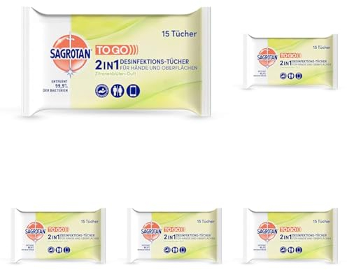Sagrotan 2in1 Desinfektionstücher mit Zitronenblüten-Duft – Zum Desinfizieren von Händen und Oberflächen – 15 Tücher (Packung mit 5)