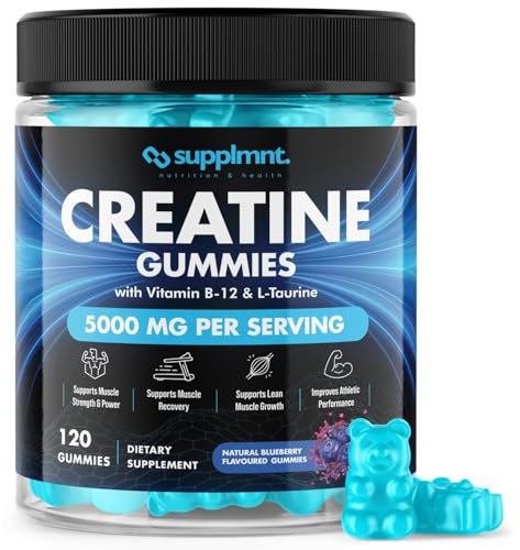 Creatine Gummies 5000mg 120ct Max Strength Muscle Growth/Recovery Supplements for Men & Women Creatine Monohydrate, B12 & L-Taurine Vegan Gym Pre Workout Chewable Gummies, 1 Month Supply (Blueberry)