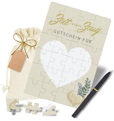 KCatsy Zeit statt Zeug Puzzle Geburtstagskarte - Gutscheine zum selber ausfüllen Gutschein Geburtstag - Gutschein Verpackung Personalisierte Geschenke Idee mit Baumwollsäckchen Stift Geschenkanhänger