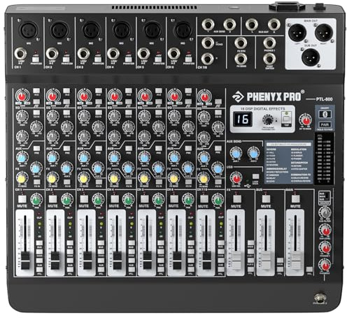Professional 8-Channel Audio Mixer, Phenyx Pro DJ Sound Mixer Board w/Flexible AUX, BUS, SUB Routing, 16 DSP, BT Streaming & USB-B PC Recording, Mixing Console for Stage, Home Studio (PTL-800)