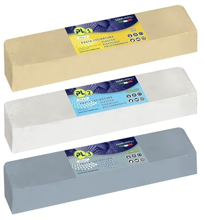 Lux Metal – Kit 3 Schleifpolierpaste für Kunststoff 1 kg – PL1-PL2-PL3 (Fein-S.Fein-Ultrafein) Politur, transparentes Plexiglas, Polycarbonat, Kunststoff, Polieren, Kratzer entfernen, Autoscheinwerfer