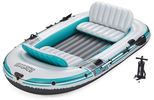 Bestway Hydro Force Schlauchboot-Set Adventure Elite X4, 315 x 165 x 41,5 cm, 4 Personen, 500 kg Belastbarkeit, 3 Luftkammern, Angelrutenhalterungen, aufblasbare Sitze, Ruder, Handpumpe, Tragetasche