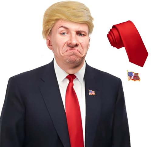 Trump peruk halloween kostymer - President Donald rolig håraccessoar med röd slips och flaggbrosch för vuxna, kändisfest blond peruk kläder för män kvinnor (peruk + slips+brosch)