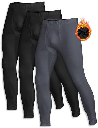 ZUTY 3 Pack Long Johns for Men Thermal Underwear Bottom Fleece Lined Pant Men's Leggings Base Layer for Cold Weather Black-Black-Grey L