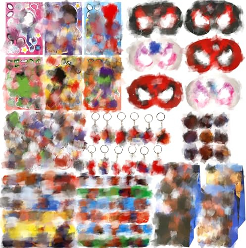 Ainvliya 128PCS Mitgebsel Kindergeburtstag, Geburtstag Deko Party Mitgebsel Party Deko Kindergeburtstag Schlüsselschnalle DIY Aufkleber Maske Geschenktüten Schnapparmband Kinder Gastgeschenk Sticker
