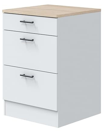 Módulo Inferior Cocina Kira 3 Cajones Estilo Moderno Blanco Brillo y Roble Canadian 60x90x60 cm