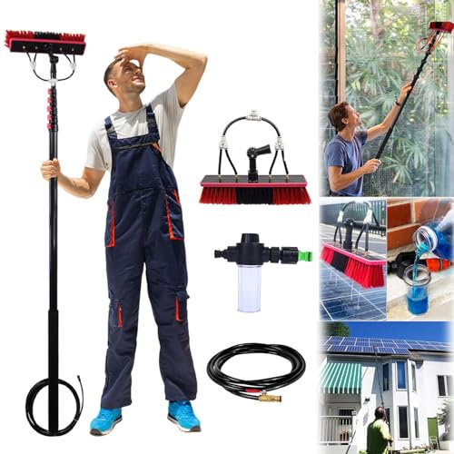 3,6-10,8 m Tige De Nettoyage Panneau Solaire Photovoltaïque, Perche Telescopique Nettoyage, Brosse Télescopique d'alimentation en Eau Kit Brosse Haute Fenêtre Toits Serres (5.4M,35cm Brosse)