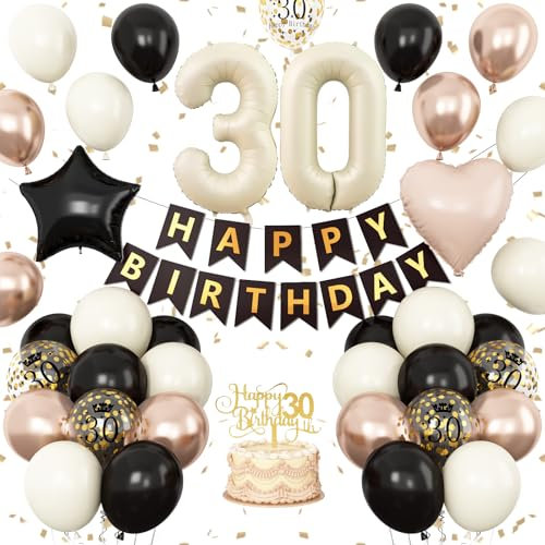 30th Birthday Decorations Black Gold,30th Birthday Balloons Sand White Champagne Gold,Happy 30th Banner with Cake Toppers Number 30 Balloons for Women Men Party Decorations