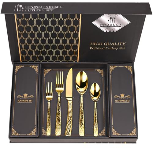 Hammered Gold Silverware Set With Gift Box For 8 Cutlery Set Utensils Stainless Steel Flatware 40 Pieces MIKIWAY Luxury Kitchen Tableware Set For Gifts Festive, Dishwasher Safe, Mirror Polishing