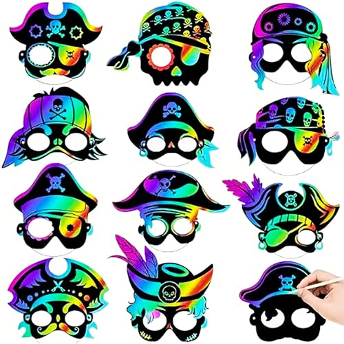 Qpout 48 maschere da graffio a tema pirata arcobaleno, per compleanni, Halloween, feste in maschera