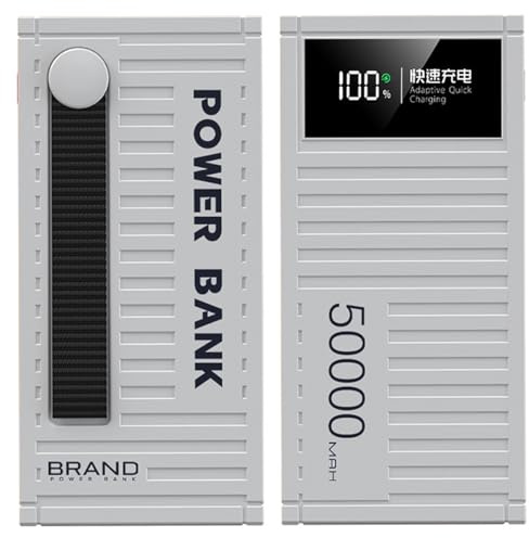Power Bank, Power Bank, ricarica rapida, 50000 mAh, 66 W + PD 20 W veloce con cordino, compatibile con 5 uscite e 2 ingressi, bianco