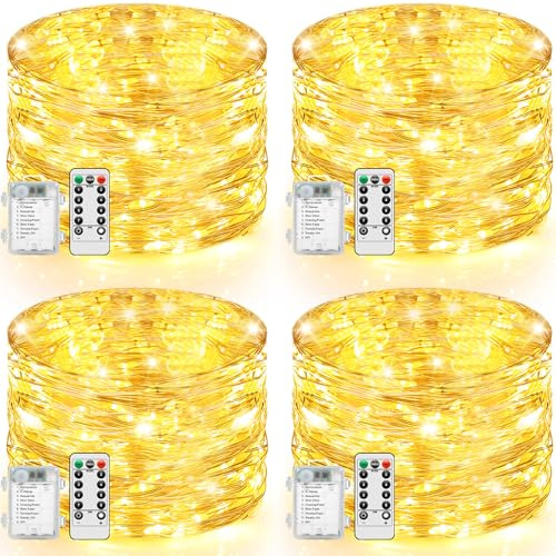 4 Stück Lichterkette mit Batterie, 10M 100LED Lichterkette Draht Batterie mit Fernbedienung Timer Innen Außen 8 Modi Wasserdicht für Party Weihnachten Halloween Garten Hochzeit Deko Warmweiß
