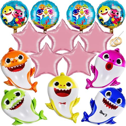 GRAME Shark Birthday Party Decorations for Boys and Girls, 26” Cartoon Balloons XL for Baby Birthday Party with 9 Pcs 18” Round and Pink Star Ocean Theme Balloons, Shark Party Decorations (14 pcs)