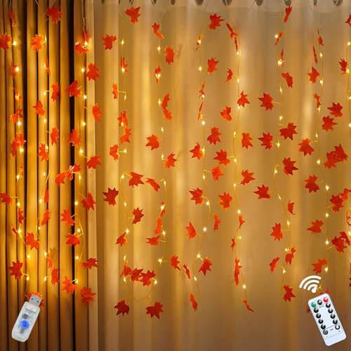 Lichterkette Herbst 5m, Herbstdeko 100LED Ahornblätter Lichtervorhang mit Timer und Fernbedienung, Herbst Deko Ahornblatt Hängend Lichterkette mit USB 8 Modi für Erntedankfest Schaufenster Dekoration