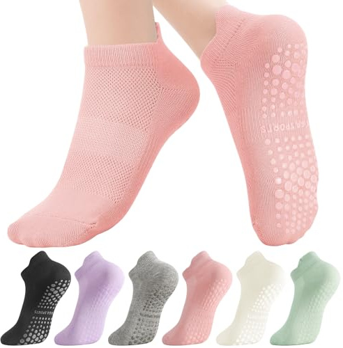 Zuimei 6 Pairs Pilates Yoga Socks for Women Non Slip Grip Sock ReformerGrippy Breathable Cotton Sock for Women Ladies Barre Fitness Dance Ballet Hospital Home-Black, Cream, Gray, Green, Purple, Pink