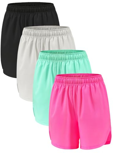 Orrfreer 4 Pack Girls Athletic Shorts,Sports Shorts 6-14 Years Teen Kids Running Cycling Basketball Short for Girls with Drawstring & Pockets