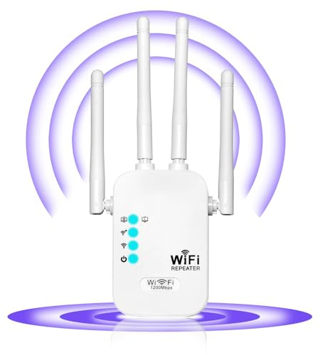Repetidor WiFi，Extensor WiFi，5G y 2.4G1200Mbps Amplificador Señal WiFi，4 Antennas,2 Puertos LAN，Modos Repetidor/Router/Ap,Cobertura de hasta 300 m²,Suitable for Offices and Homes