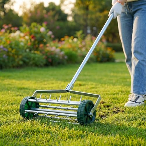18 Inch Rolling Lawn Aerator, Heavy Duty Manual Push Spike Aerator for Garden Yard, 58 Inch Long Steel Handle Soil Aeration Tool for Healthier Grass and Turf, Galvanized Steel