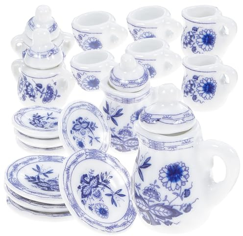 Gatuida Juego de Té Miniatura de Cerámica Azul y 15 Piezas para Casas de Muñecas, Accesorios Miniatura Decorativos para Simulación y Juegos Infantiles