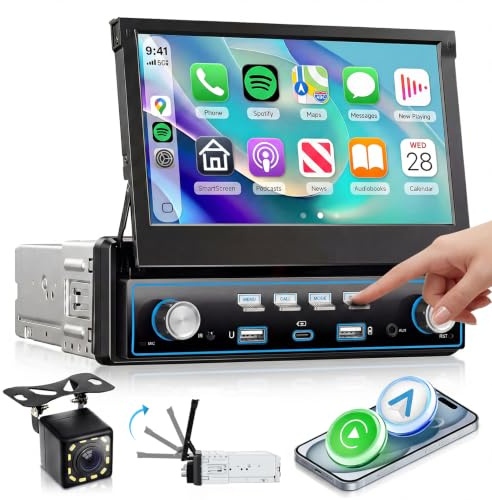 VECHTEL Autoradio 1 Din Carplay Android Auto Wireless mit 7 Zoll Manuell ausziehbarer Bildschirm mit Klaviertasten,Radio FM mit Bluetooth GPS/NAV,2USB/Type-C mit Rückfahrkamera,Doppelknöpfe