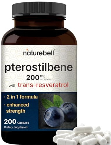 NatureBell Pterostilbene 200 mg Per Serving with Trans-Resveratrol – 200 Capsules – 2-in-1 Antioxidant Polyphenol Formula* – Non-GMO