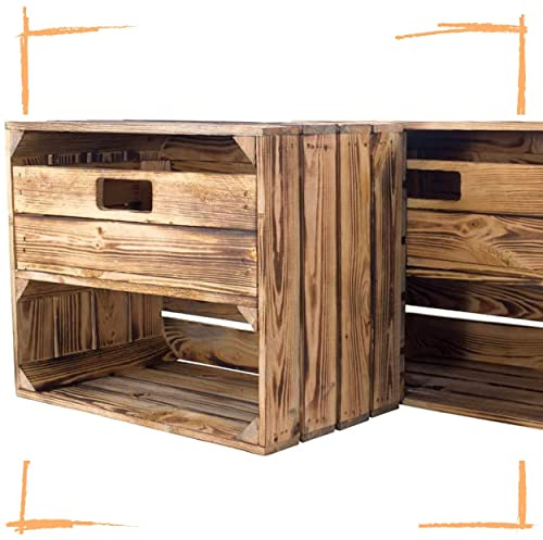 Kontorei® geflammte/verbrannte Kiste mit Schublade und Fach 50cm x 40cm x 30cm 2er Set Regal Holzkiste Obstkiste