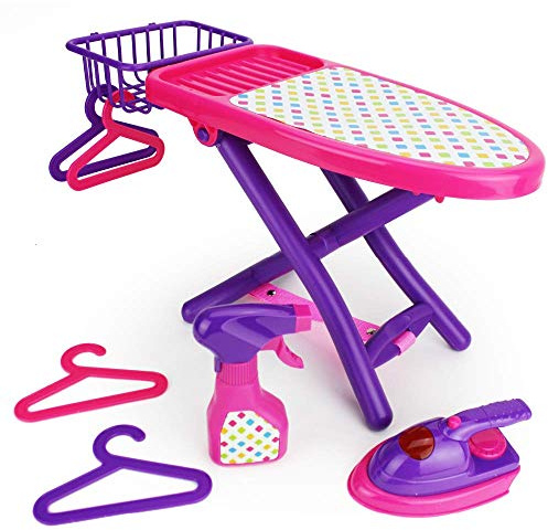 Boley Pretend Play Laundry Playset - 8-Piece Pink and Purple Toy Ironing Board Set with Realistic Lights & Sounds Iron, Working Spray Bottle, Hangers, and Storage Basket for Kids and Toddlers