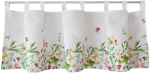Scheiben-Gardine mit Schlaufen als blickdichter Vorhang in 120 x 45 cm - Landhaus-Stil Bistrogardine bunte Frühling Sommer Blumen - Moderne Kurzstore Küchen-Gardine Wohnzimmer Wohnwagen