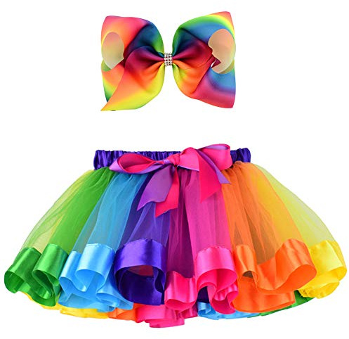 BGFKS Girls Layered Tulle Rainbow Tutu Skirt with 8 Inch Big Hairbow,Tutu Skirt with Lining.(Rainbow,4-8X)