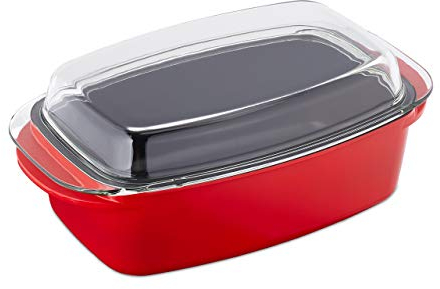 Relaxdays Teglia con Coperchio, Antiaderente, Casseruola da Forno, Pirofila, Lavabile in Lavastoviglie, Rostiera, Rossa