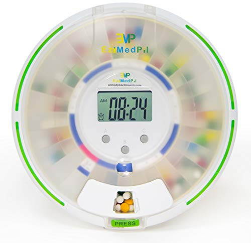 EziMedPil Pilulier automatique avec alarme, son et lumière, jusqu'à 6 alarmes/jour, 6 modèles de dosage, affichage Ezi-Read, couvercle givré et distributeur de médicaments verrouillé pour protéger
