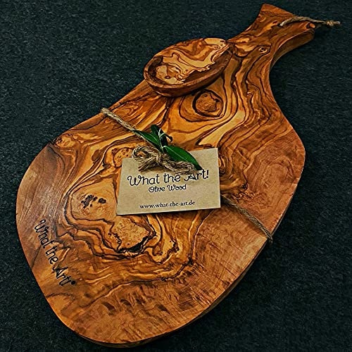 What the Art!® Olive Wood «Serrano» Gr. XL | Olivenholz Schneidebrett inkl. Dip-Schälchen | Handarbeit | ca. 45 x 19 x 2 cm | Käsebrett - Servierbrett - Brotzeitbrett - Vesperbrett