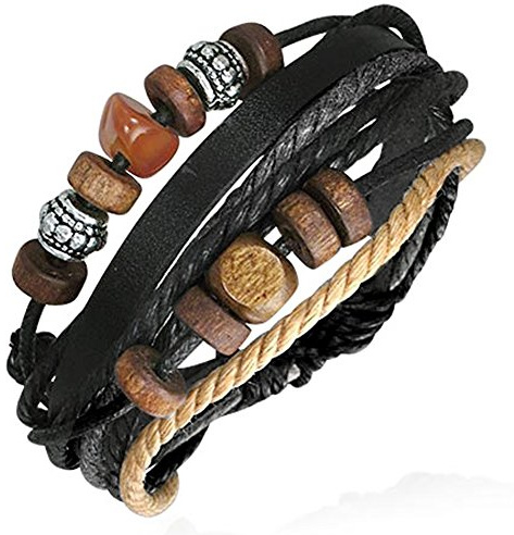 ZENSE - Bracelet homme en cuir ajustable moderne bois et acier, noir gris marron et beige, symbole de Karma ZB0106-C