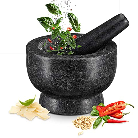 MEISTERKOCH Mörser mit Stößel aus Granit für Gewürze, groß XXL mit 3,5 kg rutschfest, polierter Steinmörser in Schwarz mit rauer Innenfläche & Stößelspitze, Gewürzmörser massiv mit 15cm Ø & 450ml