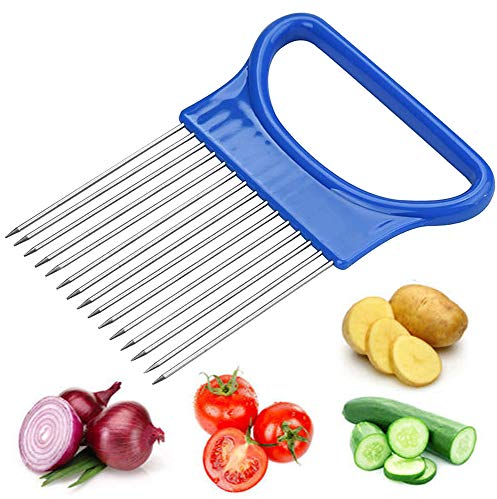 THETAG Cortador de cebolla, cortador de gemas, cortador de tomates, cebollas, limón, verduras, guía de soporte, cortador seguro (azul)