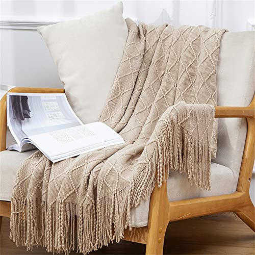 OliveSleep Gestrickte Überwurfdecke mit Fransen, leicht, weich, warm (Khaki, 130 x 203 cm)