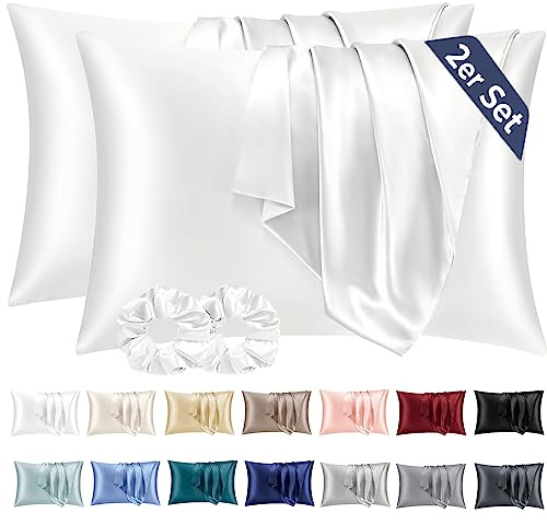 Vielit 2er Set Satin Kissenbezug 40 x 80 Weiß, Weich wie Seidenkissenbezug 40x80,Bessere Pflege als Silk Pillosecase,Satin Kopfkissenbezug Kissenhülle für Haar und Haut mit 2 Haargummis