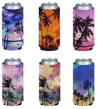 Pizding 6 Pack Blank Beer Can Coolers Holder Drink Coolies Collapsible Insulators Standard for Cans Print Beach Palm Tree,Size S