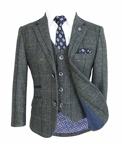Boys Wool Blend Suit Herringbone Check Tweed 3 Piece Albert Grey, Age 15 Years