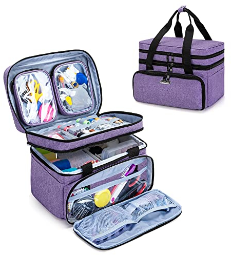 BAFASO Borsa per Kit da Cucito Grande a Doppio Strato, Custodia da Cucito con 2 Tasche Rimovibili, Borsa Accessori da Cucire (Nessun accessorio incluso), Viola